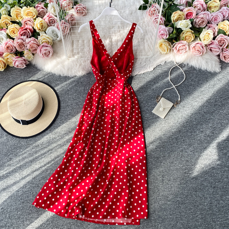 Elegant suspender skirt open back low chest sexy split wave point dress 2876