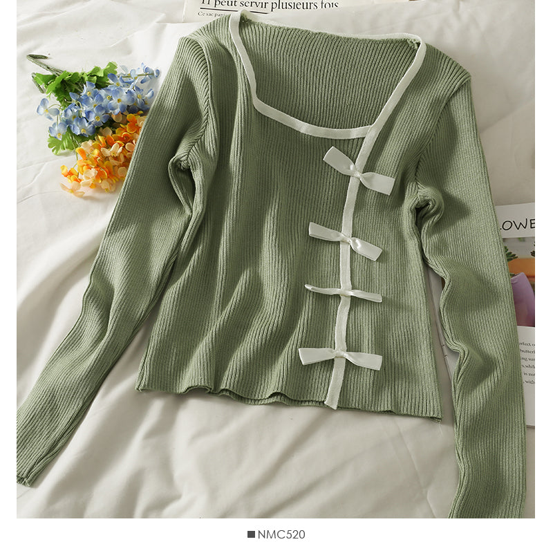 Color matching bow decoration slim long sleeve sweater 2076