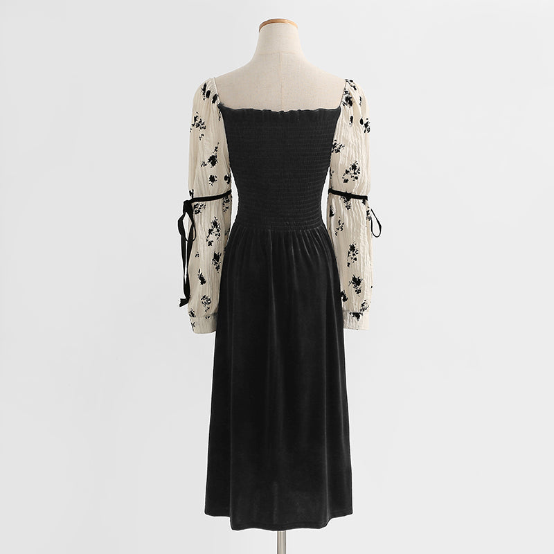 Robe fleurie à manches longues montre un tempérament fin jupe longue en velours 2190