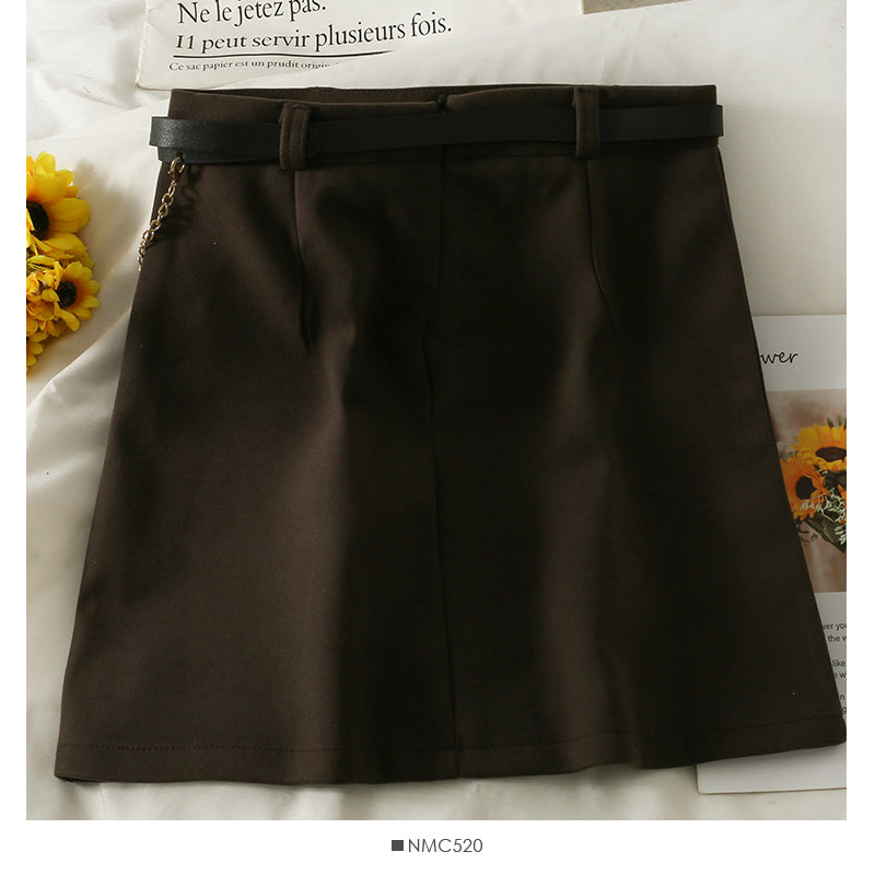Chain decorative high waist slim A-line skirt 2630