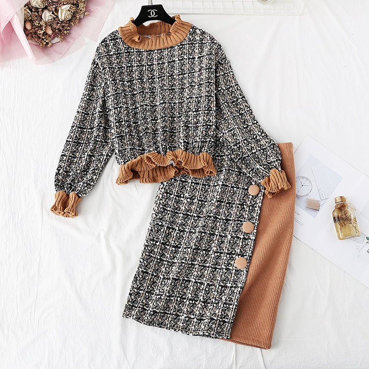 New French retro sweater, tweed bag hip skirt, winter two-piece suit 2361