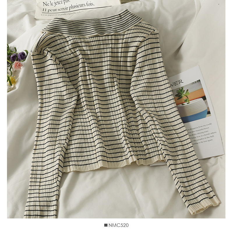 Korean vertical stripe Lapel long sleeve single breasted cardigan top 2043