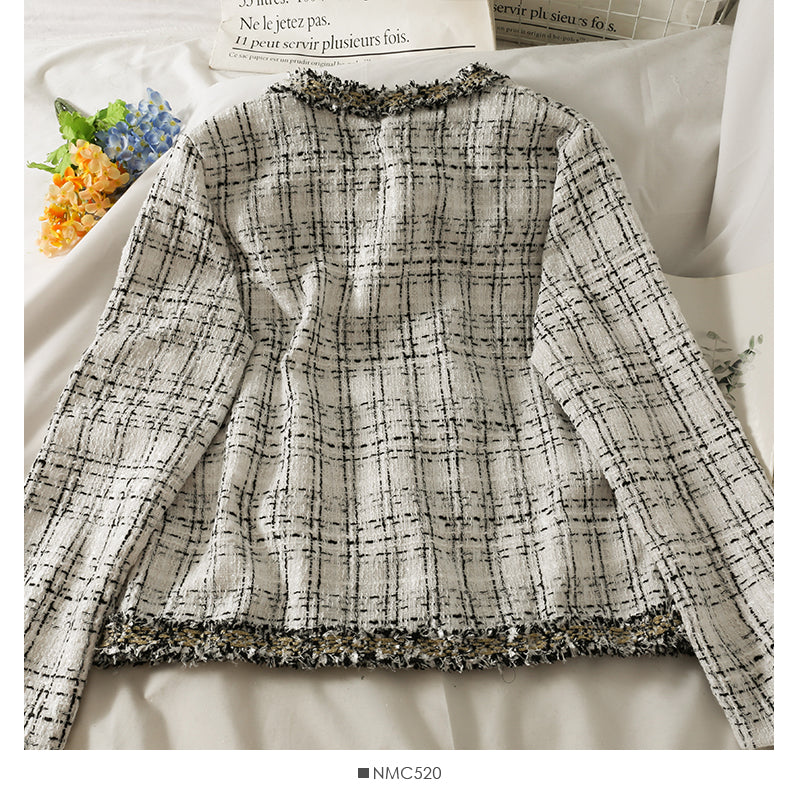 Tweed Plaid loose top women's autumn round neck long sleeve bright silk wool coat 2090