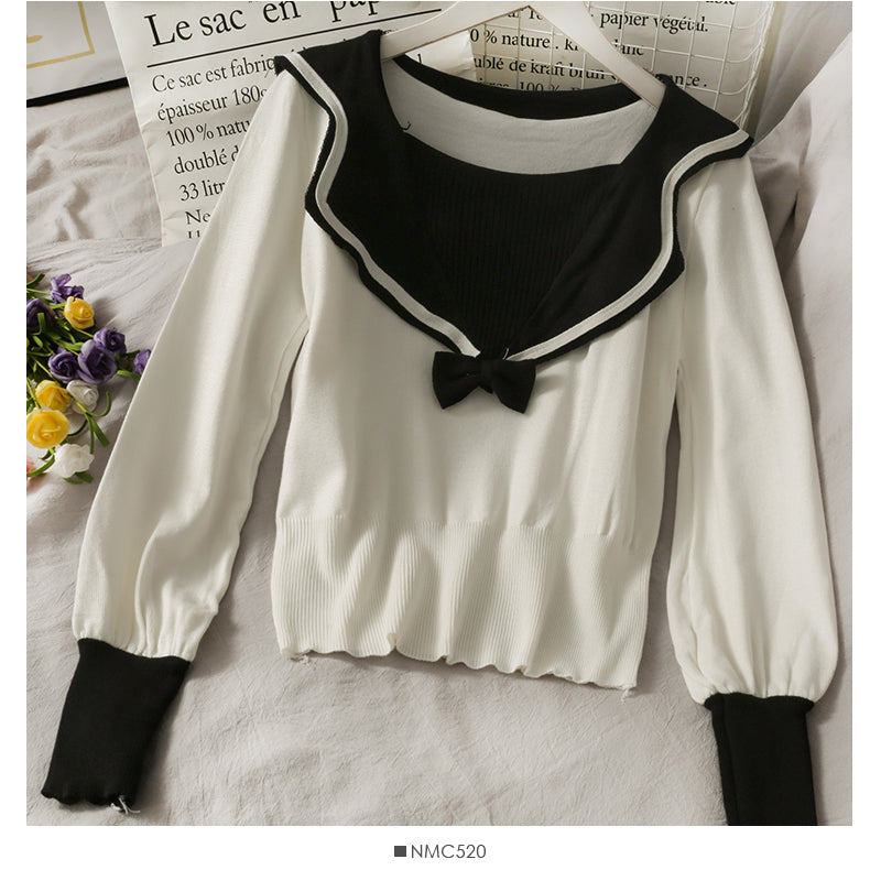 New bow V-neck contrast stitching women's T-shirt 1948