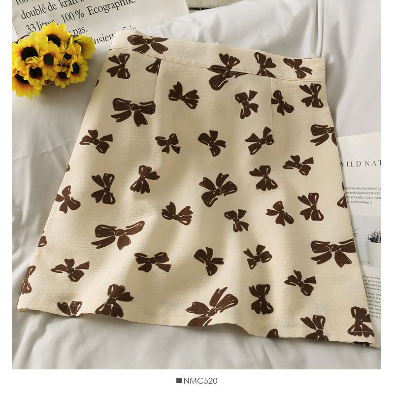 Hong Kong style retro bow printed high waist anti light A-line skirt 2621