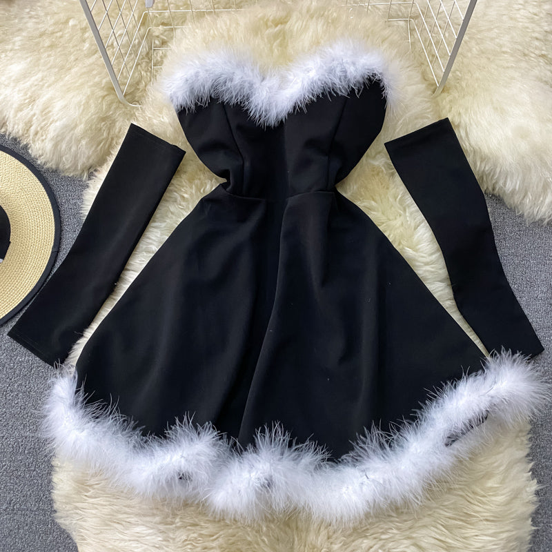 Red/black fashion heart-shaped collar sexy waist slimming off-shoulder Christmas birthday dress 2718