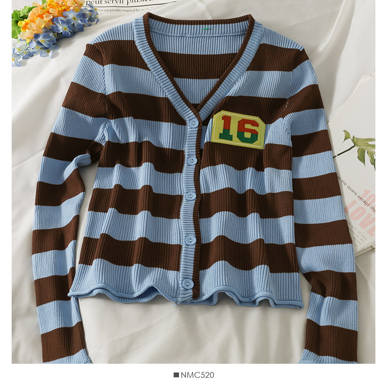 Gestreifter einreihiger Cardigan mit langen Ärmeln für Damen 2061