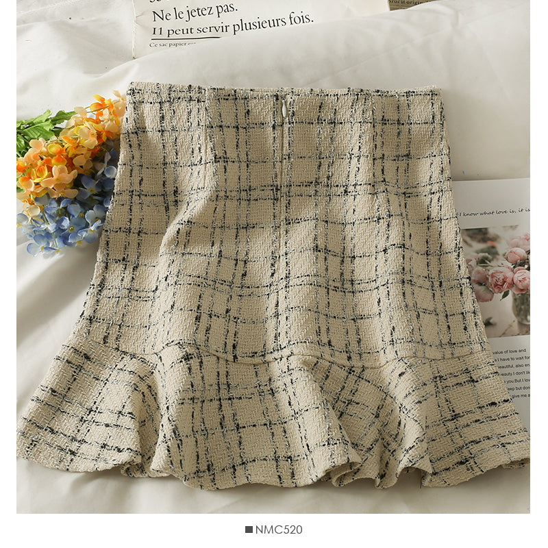 New Vintage tweed Plaid high waist skirt 2583