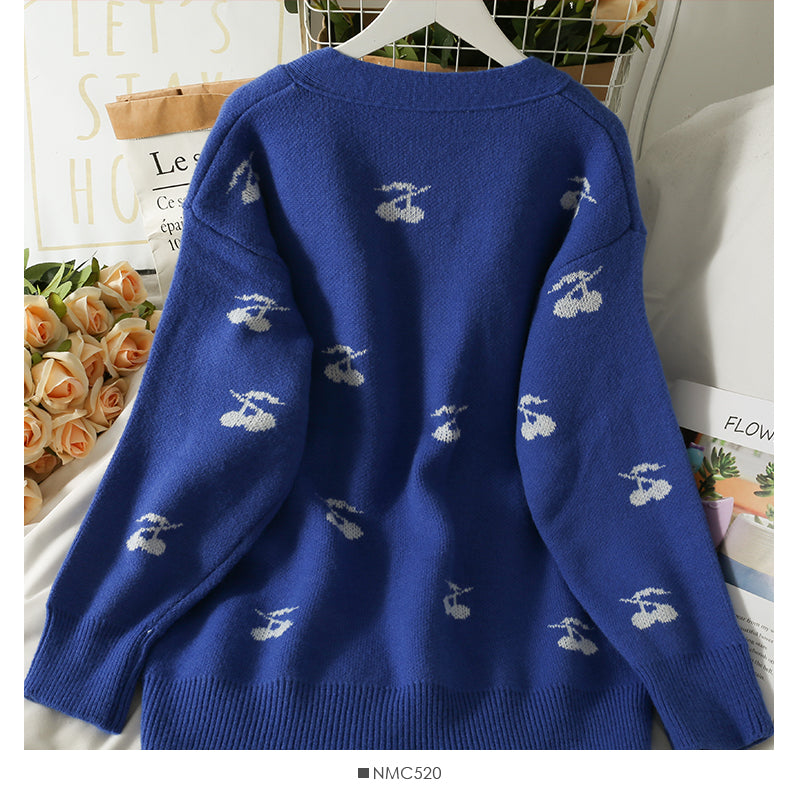 Cherry print medium length low neck sweater for women 2041