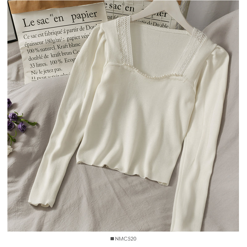 Sweet wind taro Purple Lace stitching nail bead square neck knitting 1910