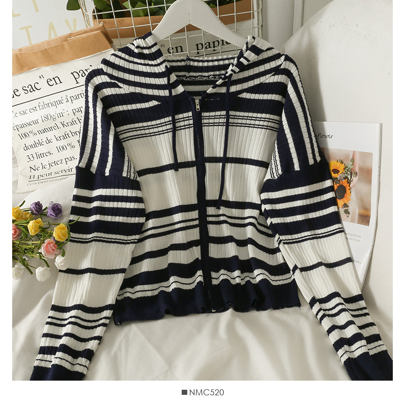 Korean drawstring hooded striped zipper cardigan thin sweater women 2015