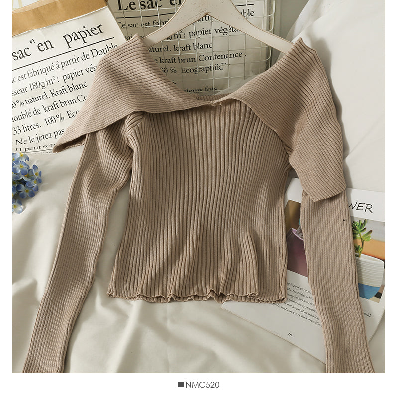 French minority design, one line shoulder with clavicle exposed, short long sleeve T-shirt 2083