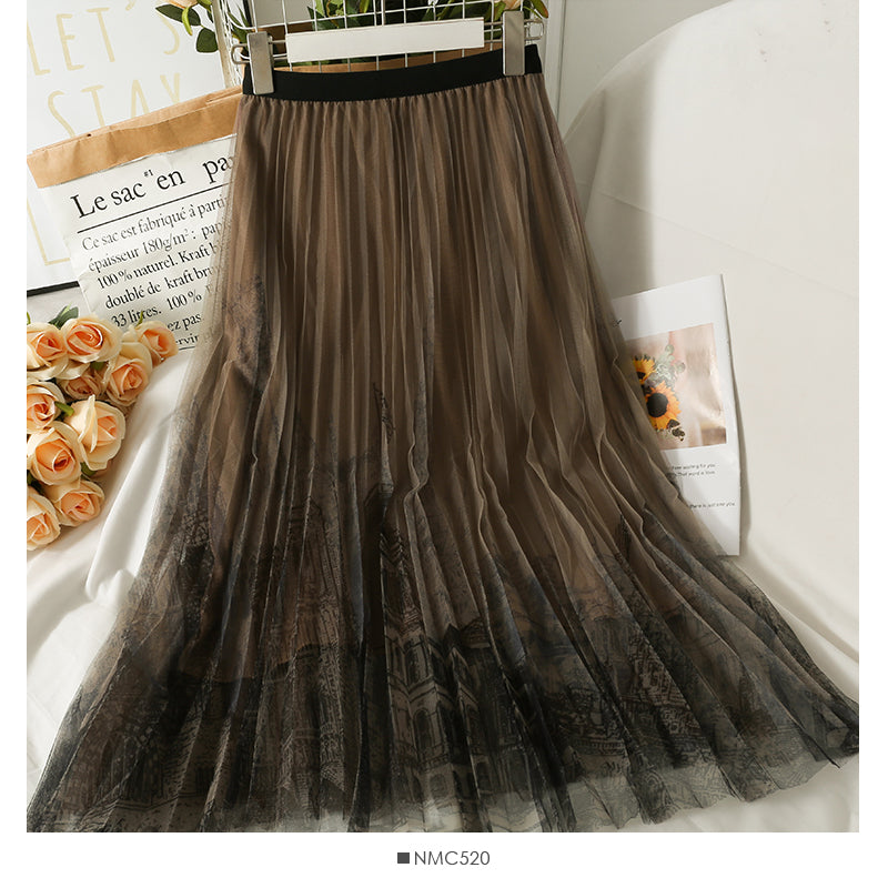 Printed high waist thin mesh pleated skirt 2609