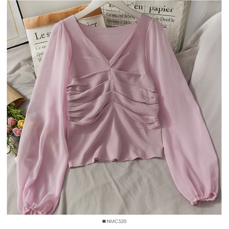 Korean Chiffon stitched bubble long sleeve T-shirt 2027