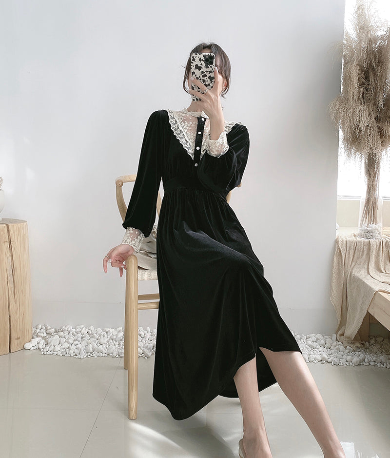 Lace V-neck velvet dress 2163