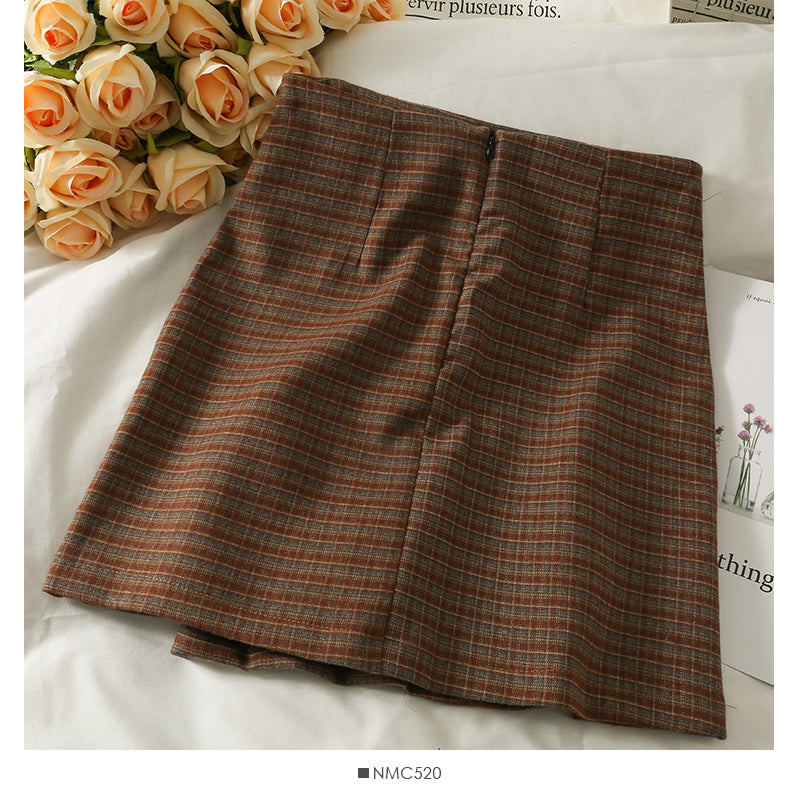 Hong Kong style retro breasted high waist thin wool versatile skirt 2593