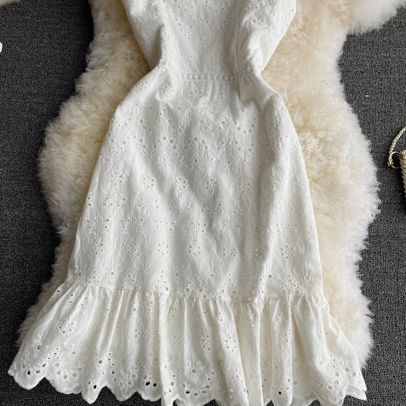 Lace hollow bubble sleeve temperament flounce suspender dress 2765