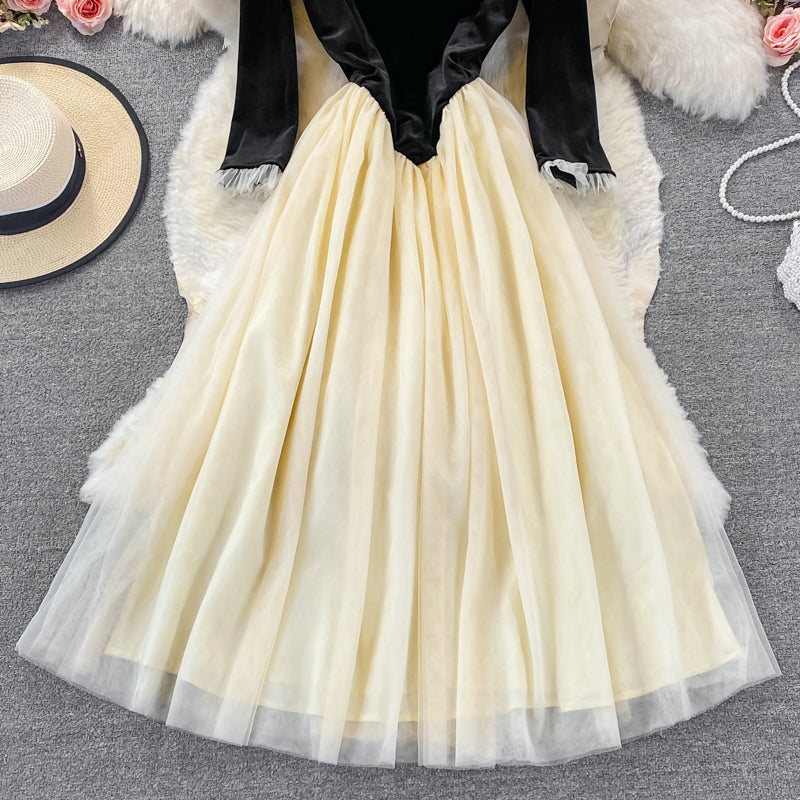 Robe vintage en velours à col carré et maille cousue Hepburn 3007