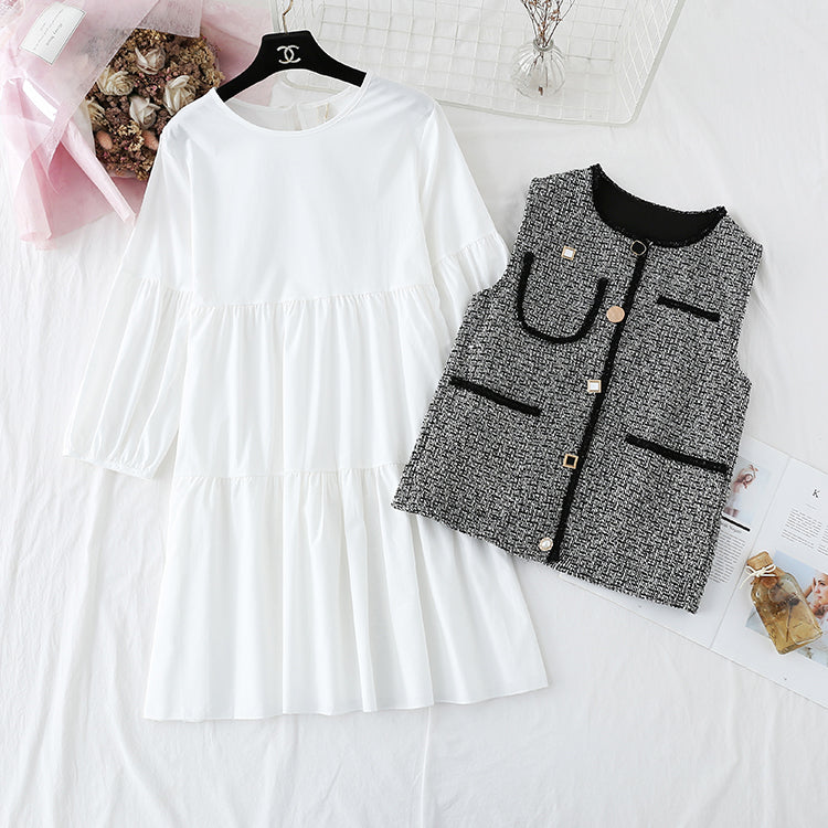 Two piece suit foreign style small fragrance vest LINED SKIRT loose A-line skirt 2357