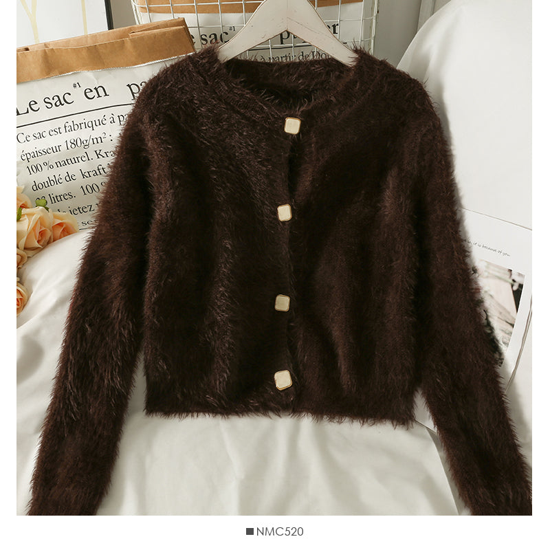 Sweater crew neck single breasted long sleeved top Plush crew neck sweater 1965