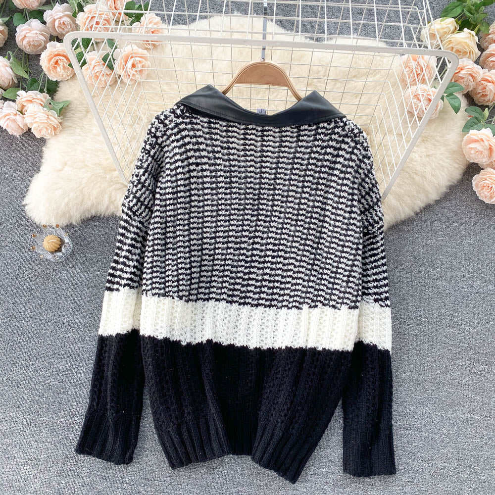 Korean leopard sweater stitched short lapel 1570