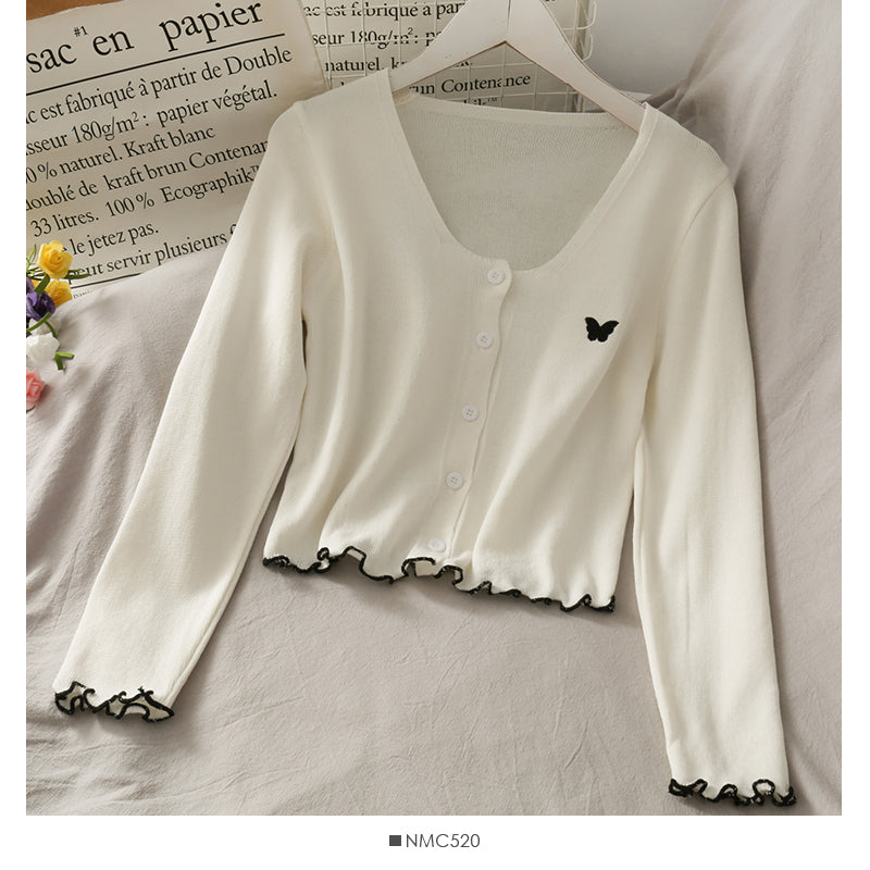Butterfly Embroidery V-neck open collarbone sweater 1739