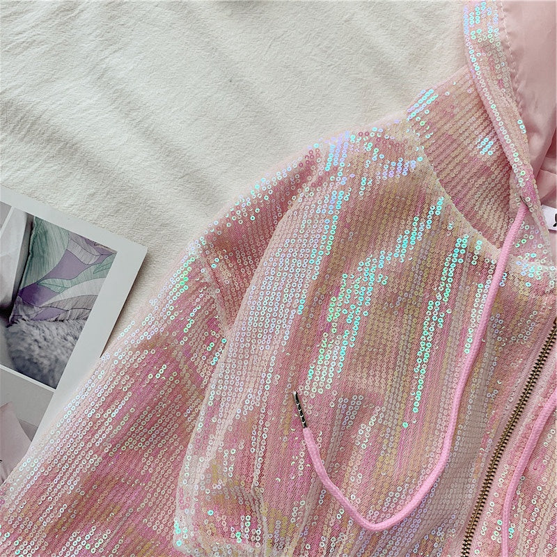Coat Korean versatile Sequin hooded cardigan jacket 1654