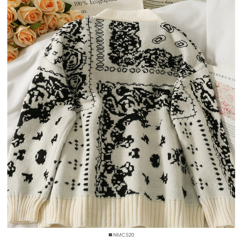 Vintage printed single breasted cardigan loose sweater women's new V-Neck long sleeve versatile sweater fashion 2031