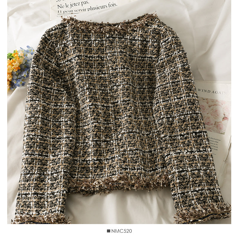 New coat round neck single breasted design Korean versatile Vintage Plaid knitted cardigan tassel 2090