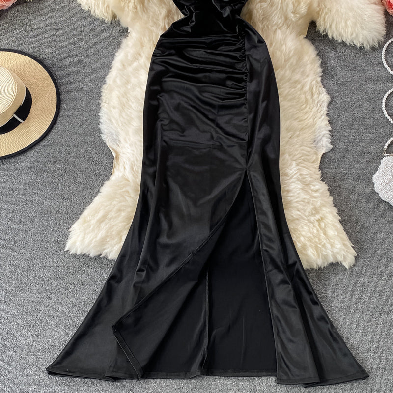 Leopard pleated waist slim split buttock dress 2757