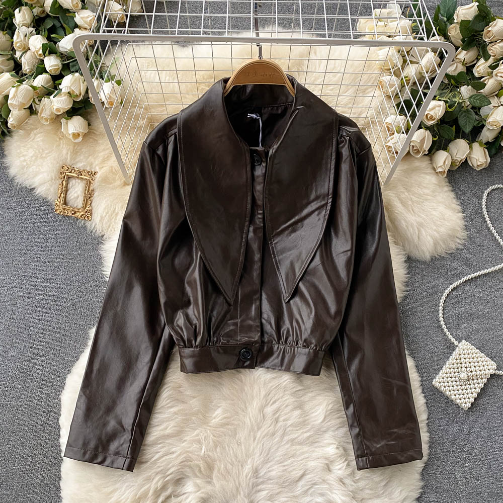 Damen Schalkragen Langarm Single Auto Ledermantel 1510