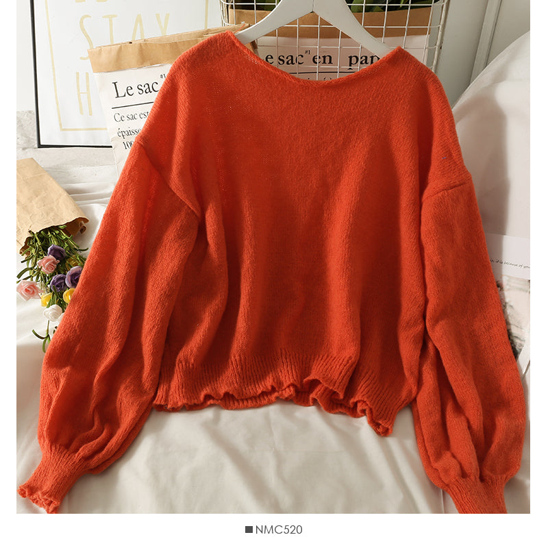 Slim low neck Pullover long sleeve top women's new solid color versatile curled sweater 2022