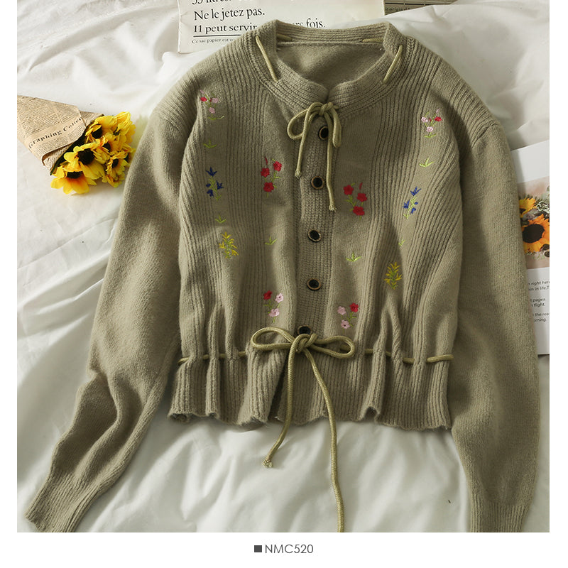 Bow tie lace up embroidered single breasted cardigan top 1862