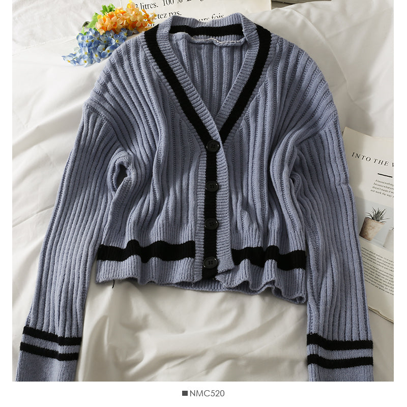 Korean Vintage color blocking vertical stripe loose thin sweater 1950