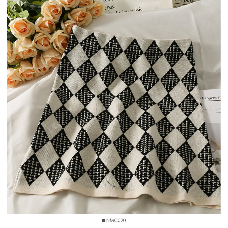 Hong Kong Vintage diamond lattice elastic waist with thin Hip Wrap Skirt 2624