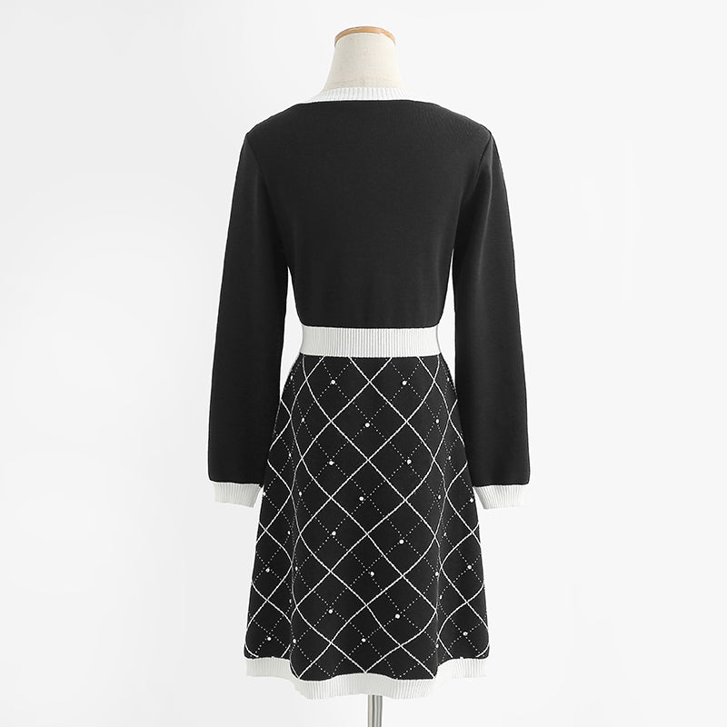 New bow knit dress long sleeve small fragrance A-line skirt 2421