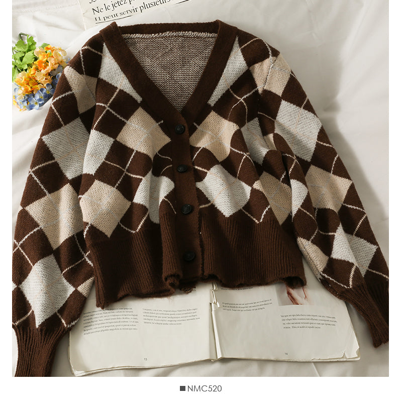 Diamond check single breasted V-Neck Sweater for women 1778