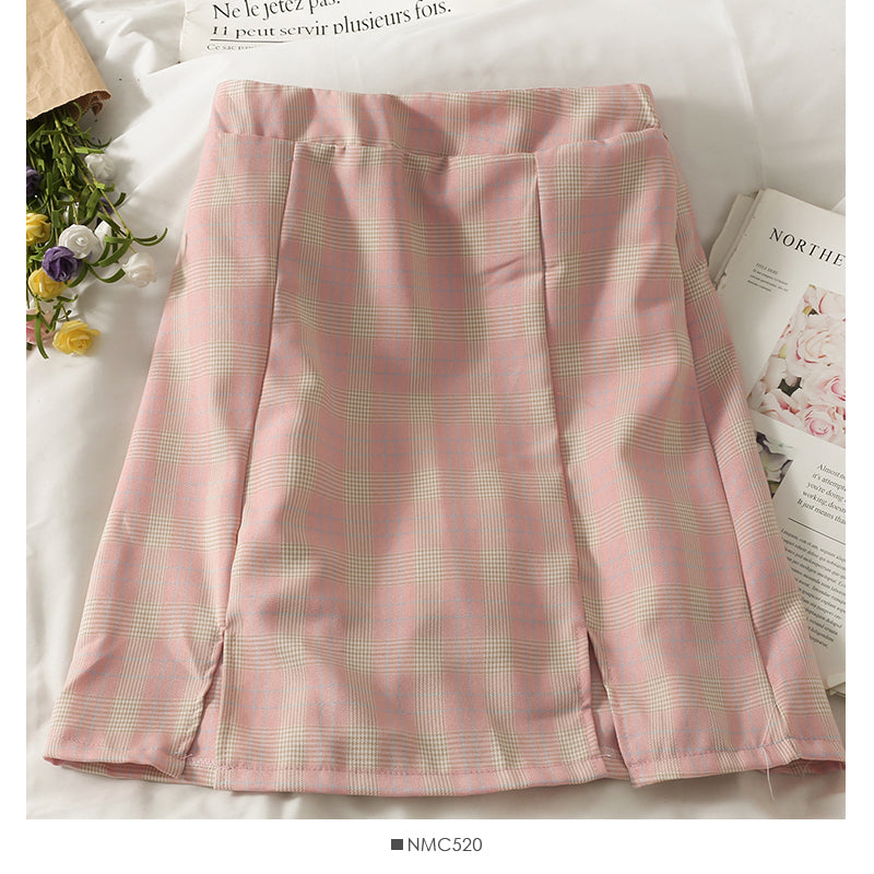 Retro simple versatile Plaid split casual A-line skirt 2645