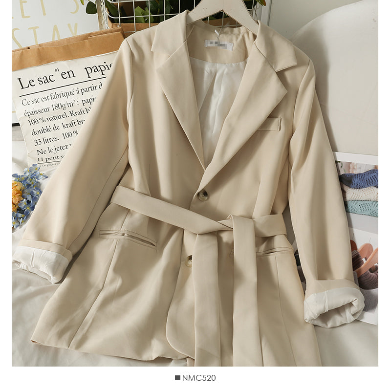 Bow tie tie high waist two button small suit women's medium and long coat 2096