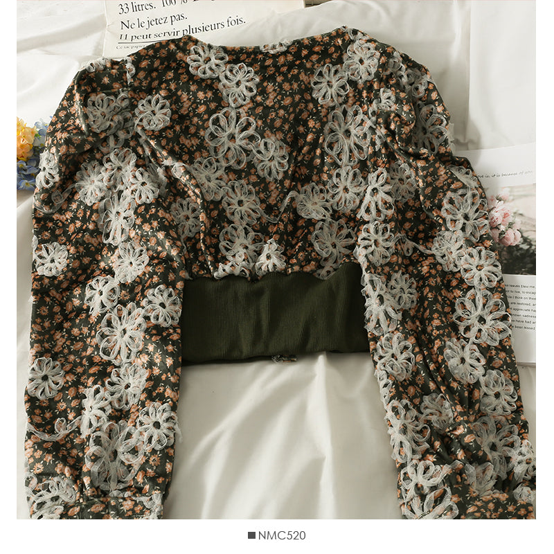 Hong Kong Vintage printed round neck single breasted cardigan top women's jacket 2115