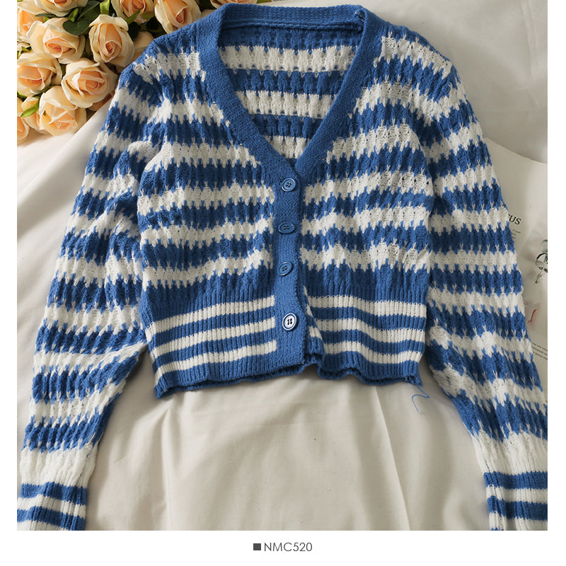 Korean stripe loose and thin short single breasted cardigan sweater 1883