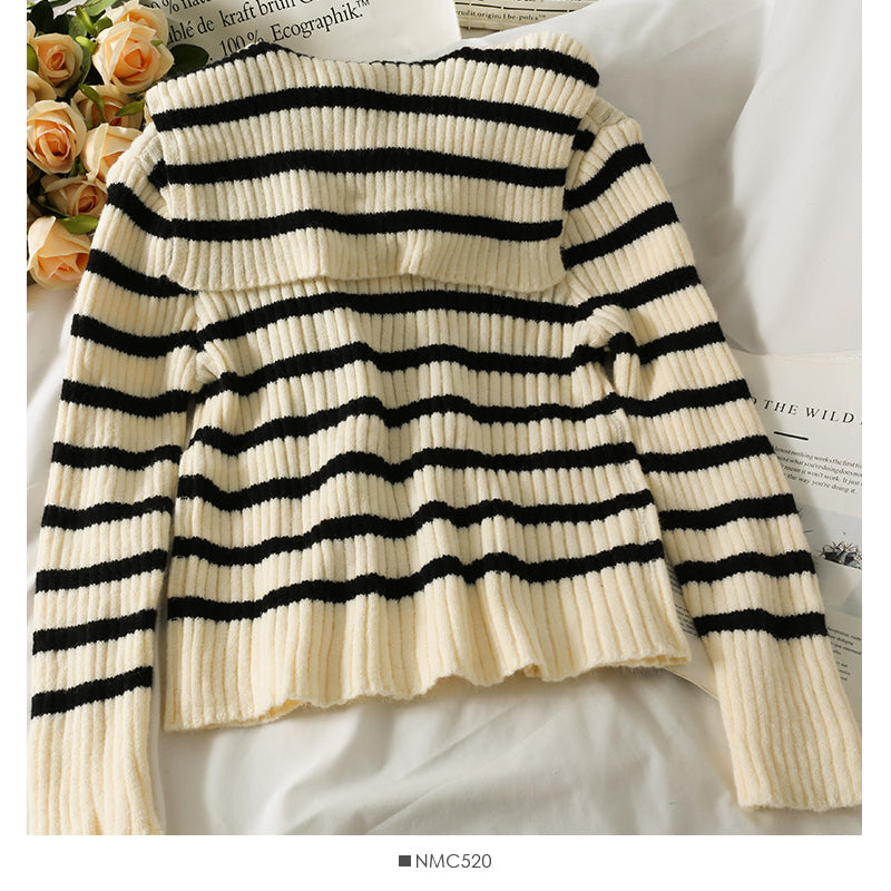 Korean stripe slim slim Lapel long sleeve sweater for women 2065