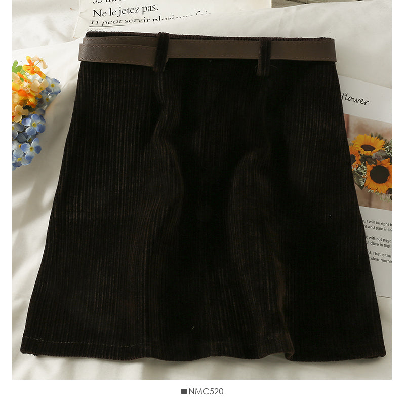 Korean retro bandage high waist slim striped A-line skirt 2650