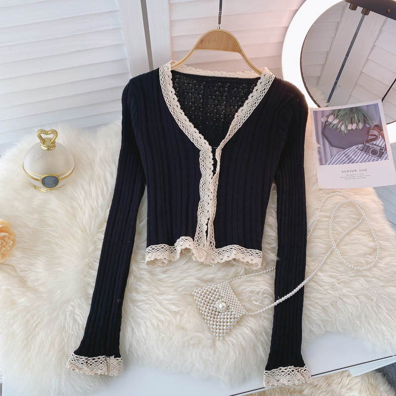 Vintage Knitted Top Women's autumn V-neck lace 1595