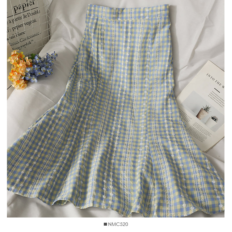 Sweet style print medium length high waist fishtail skirt 2638