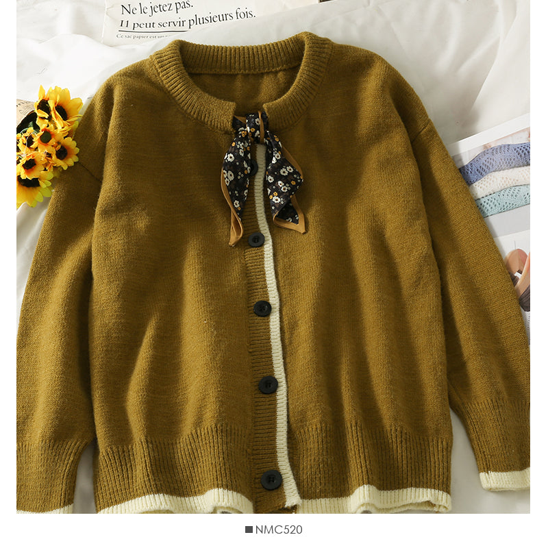 Vintage bow printed round neck long sleeve sweater for women 1841