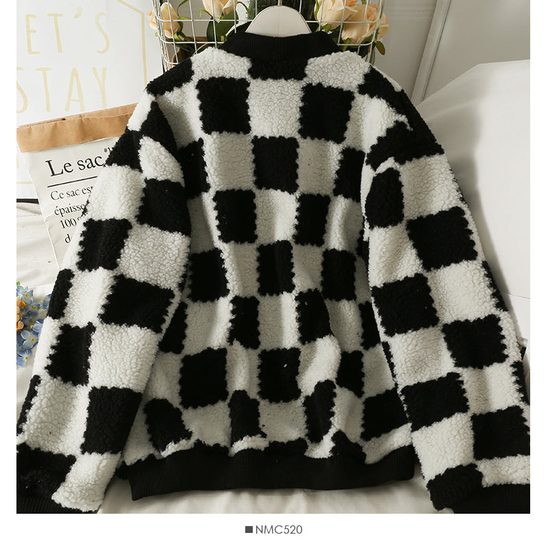 Contrast check medium length single breasted cotton thickened lamb wool coat 2121