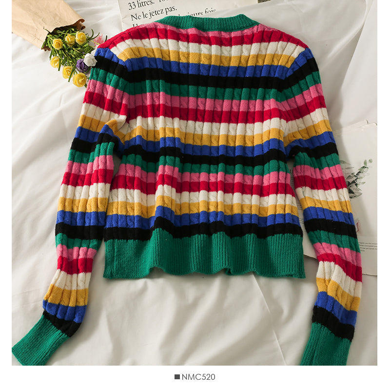 Elegant color stripe single breasted thin women's sweater 1788
