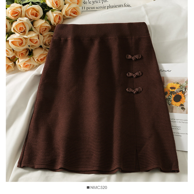 Hong Kong style retro disc buckle elastic waist thin striped A-line skirt 2644