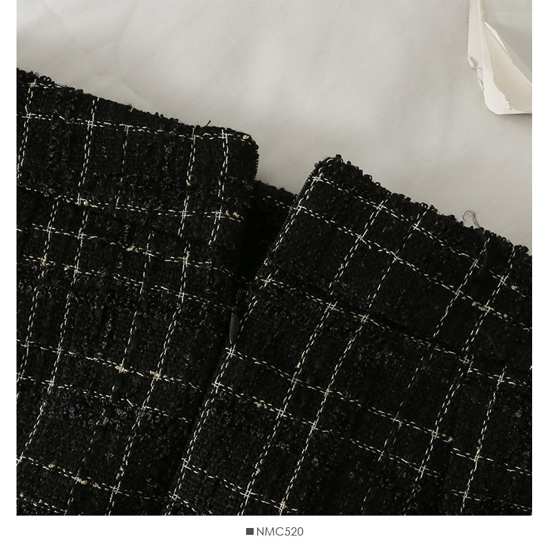Hong Kong Style Vintage tweed Plaid high waist slim A-shaped wrap hip skirt 2622